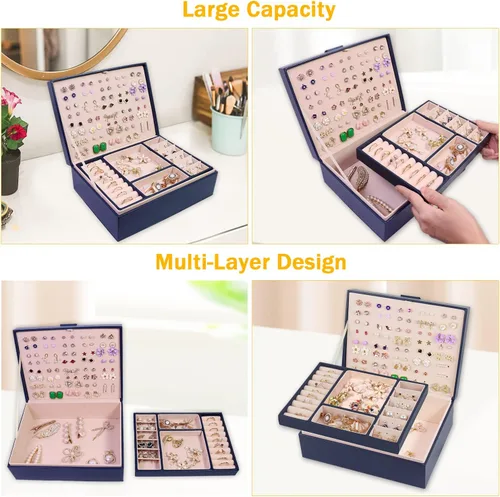 Vista 6 de Caja organizadora de joyas cajas de joyería grandes de piel sintética collares anillos aretes organizador de almacenamiento pantalla de doble capa