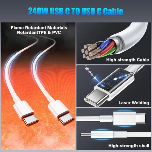 Vista 4 de QZIIW - Cable USB C a USB C de 240 W, paquete de 3 cables de carga rápida Blanco