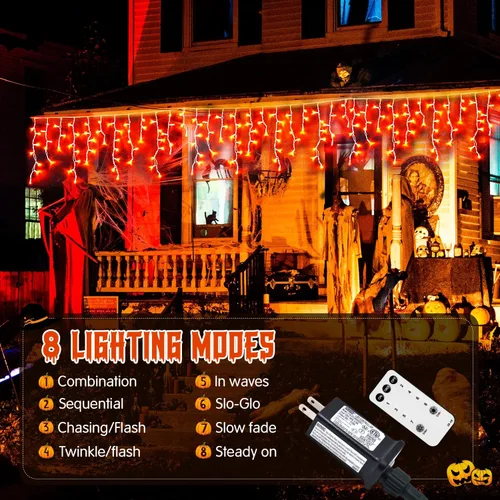 Vista 8 de JMEXSUSS 200 luces de Halloween naranjas/400 LED naranja Halloween luces de carámbano enchufables