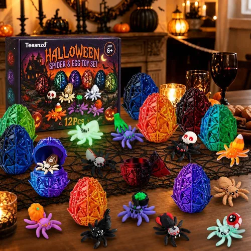Vista 6 de 12 Pack Halloween 3D Printed Toy Surprise Spider & Egg Party Favors for Kid 12 Pack Egg With Spiders