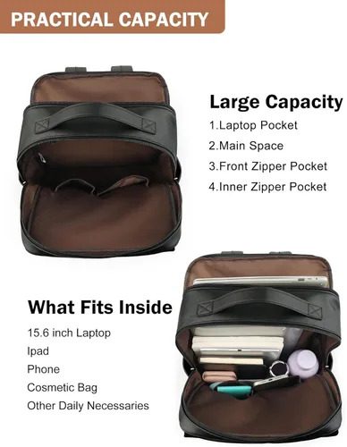 Vista 3 de MASINTOR Mochila Bolso de Cuero PU de 15.6 pulgadas para Portátil para Mujeres, Mochila Casual Grande para Universidad, Bolsa de Viaje, Negro