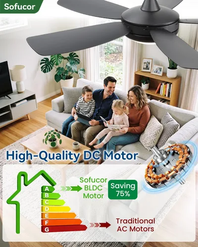 Vista 7 de Sofucor Ventiladores de techo de 42 pulgadas con luces, moderno ventilador de techo negro para dormitorio pequeño con control remoto, cuchillas