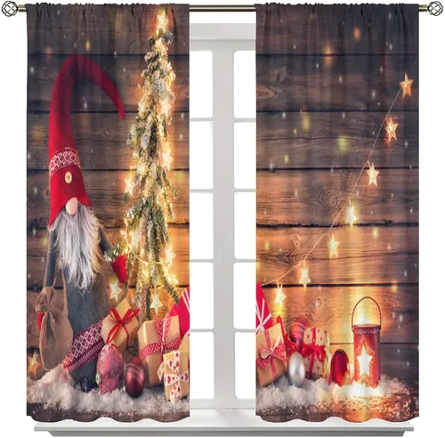 Vista 8 de Cortinas de Navidad de gnomo, bolas de árbol de Navidad, luces, regalos, decoración de tablones para sala de estar, dormitorio, bolsillo para barra