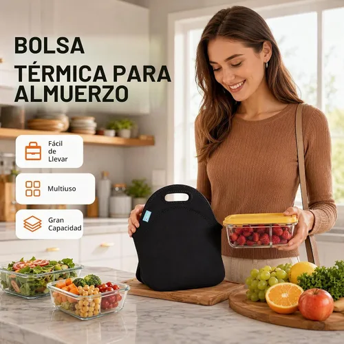 Vista 4 de Bolsa de almuerzo impermeable Ofeily para viandas con material de neopreno fino, bolsa de mamá, Negro