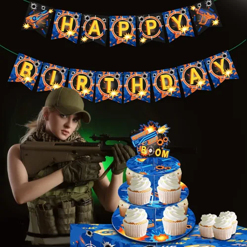 Vista 5 de Dart War - Soporte para cupcakes de 3 niveles para decoración de fiesta de cumpleaños, decoración de dardos con temática de guerra de dardos