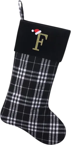 Vista 32 de Calcetines de Navidad personalizados con monograma inicial, adornos colgantes, medias clásicas de cuadros negros de 19 pulgadas, decoraciones