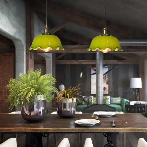 Vista 4 de 2 Pack Retro Pendant Light Fixtures, Nordic Single Head Green Glass Shade Ceiling Hanging Lighting, 59.1in Adjustable Height E27/E26 Sockets