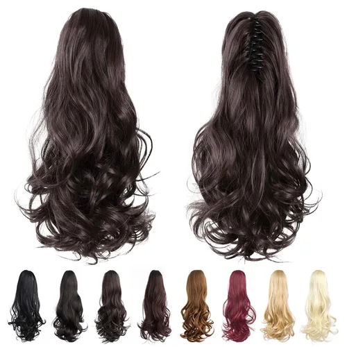 Vista 26 de Extensiones de cola de caballo, extensiones de cabello de cola de caballo con clip de garra marrón oscuro para mujer, pieza de cabello rizado