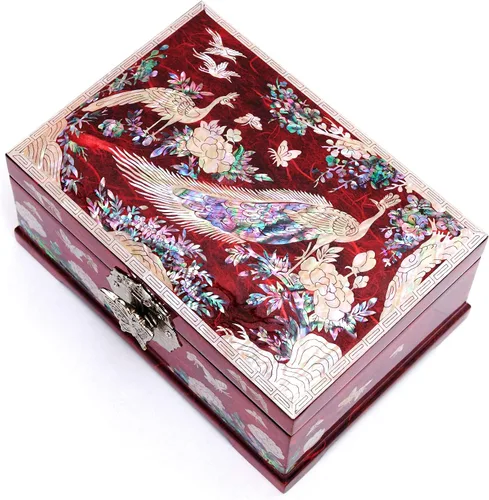 Vista 2 de MADDesign Mother of Pearl Joyero Anillo Espejo Tapa 2 Nivel Pavo Real Rojo