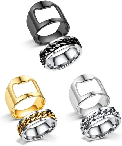 Vista 2 de COLORFUL BLING Juego de 2 anillos de abrebotellas de acero inoxidable, cadena giratoria, barra de cerveza, anillo de apertura para hombres, niños