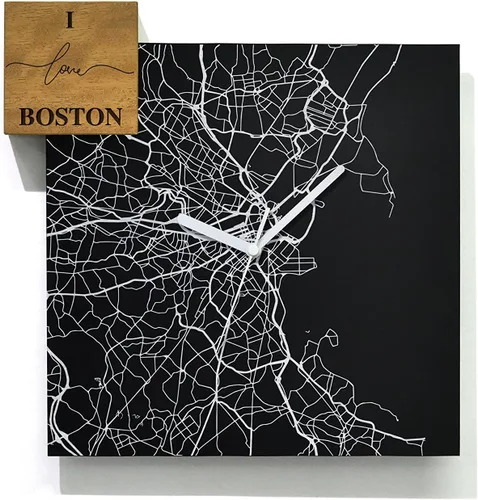 Vista 27 de Modern Wall Clock - Black Aluminum with Silver Fiber Laser Engraving - Square - Contemporary Design - Personalized City Map - Home Town - Location