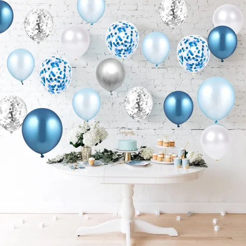 Vista 3 de 60 globos de confeti azul plateado y blanco de 12 pulgadas, globos de color blanco azul claro, globos plateados metálicos, globos de confeti