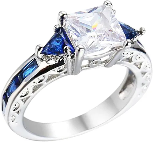 Vista 2 de Anillo de cristal XAHH abierto, hueco, con circonio cúbico CZ, un zafiro azul, con triángulos y cuadrados, enchapado en platino para mujer