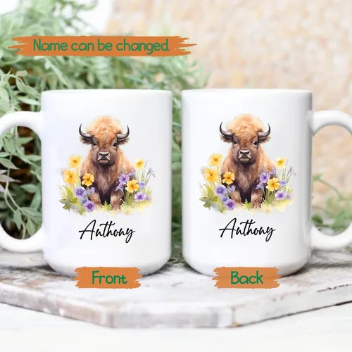 Vista 2 de Taza de café de bisonte personalizada de 11 onzas y 15 onzas, taza de té blanca de bisonte bebé, regalos para niñas, niños, niñas, niños, mejores