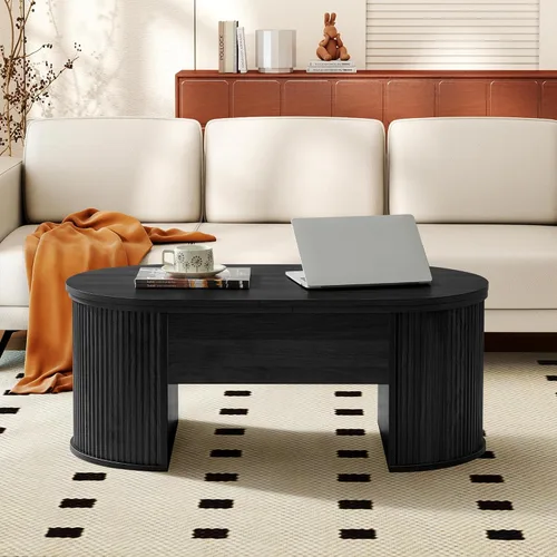 Vista 6 de ORRD Mesa de centro elevable, mesa de centro acanalada con parte superior elevable, mesa de comedor de madera con compartimento oculto, mesa central