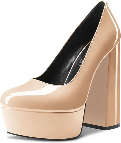 Vista 33 de TNYNFBEB Zapatos de tacón de plataforma alta para mujer, con puntera redonda, sin cordones, básicas, clásicas, de 5.5 pulgadas