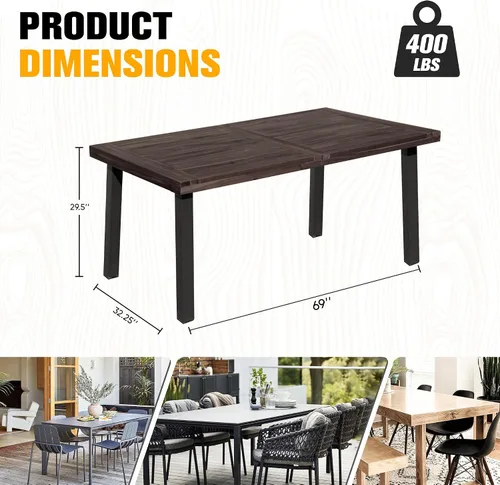 Vista 2 de Mesa de comedor Flamaker para 6 personas de madera de acacia FSC para interior y exterior, mesa de cocina del hogar con patas de hierro, mesa grande