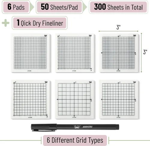 Vista 2 de Mr. Pen - Notas adhesivas transparentes con gráficos, 3 x 3 pulgadas, 6 blocs, 50 hojas/bloc 6 Grid Designs, Square Graph Paper Notes & Fineliner