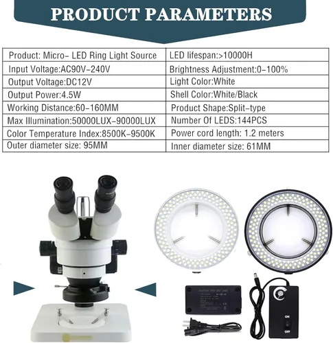 Vista 6 de TreochtFUN - Iluminador ajustable con anillo de luz LED para microscopio 144 Microscope Light Source for Lab Stereo ,with Industry Power Adapter