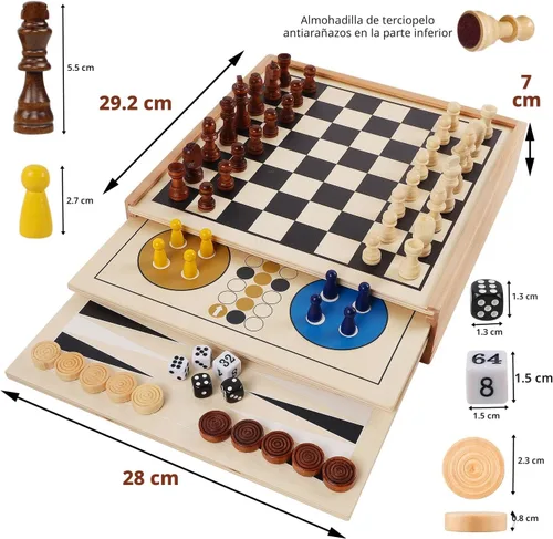 Vista 4 de Juegoal Juego de mesa de madera 7 en 1 para niños y adultos, juego de mesa clásico de viaje portátil