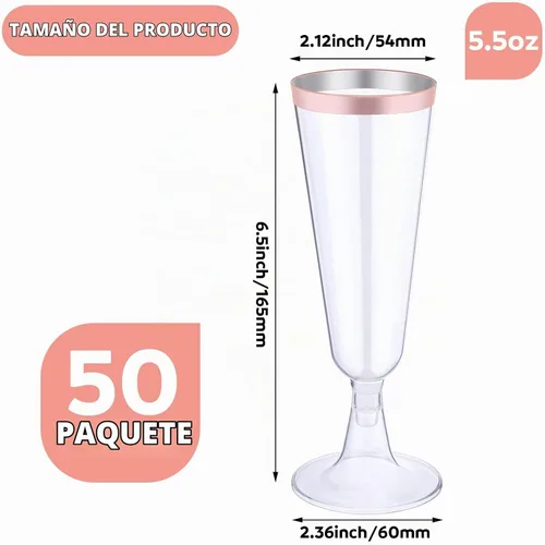 Vista 2 de Thenshop - Juego de 50 copas de champán de plástico color oro rosa a granel Copas de champán desechables transparentes elegantes de 5.5 onzas