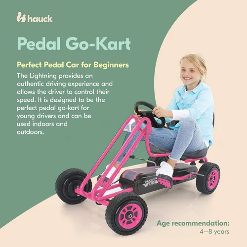 Vista 2 de Hauck Lightning Go Kart con pedal para niños de 4 a 8 años, asiento de cubo ajustable, ruedas de plástico con perfil de goma, freno de mano para Rosa