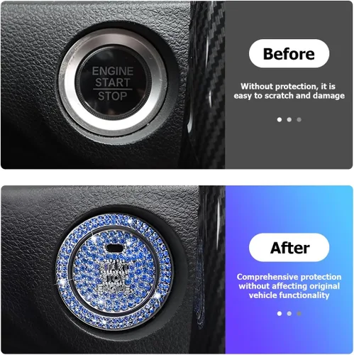Vista 4 de BELOMI Anillo decorativo para botón de arranque y parada del motor de automóvil, 2 unidades, calcomanías protectoras para botón de arranque