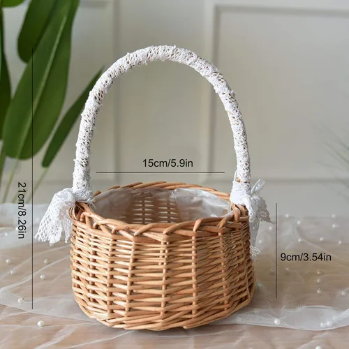 Vista 2 de Cesta de mimbre de ratán para flores, juego de 2 cestas de boda para niña, cesta tejida a mano de sauce con asas e inserto de plástico, cesta