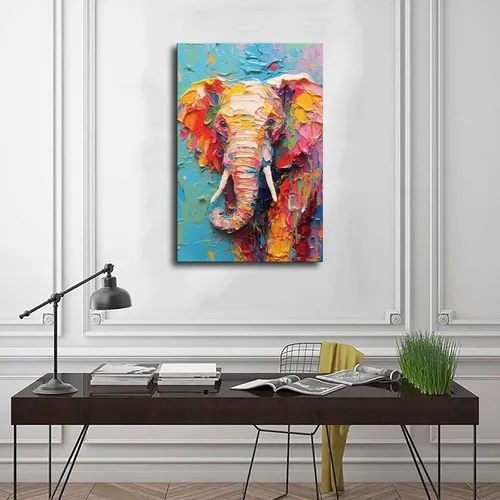 Vista 3 de Fyzuf Póster de elefante para pared, pintura al óleo animal sobre lienzo, póster de elefante cubismo colorido elefante estético R lienzo póster sin