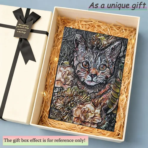 Vista 7 de Diario de cuero con tapa de gato artístico, cuaderno en relieve 3D, diario de tapa dura rayado A5 vintage de 200 páginas, regalo retro ideal