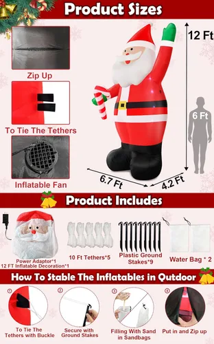 Vista 2 de Inflables gigantes de Navidad de 12 pies por 7 pies, decoraciones navideñas de Papá Noel para exteriores, Papá Noel inflable sostiene bastón