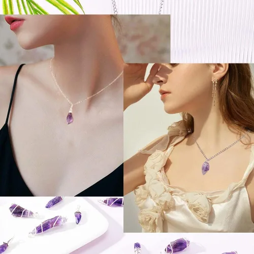 Vista 7 de DICOSMETIC 40 dijes de amatista natural de 2 estilos, colgantes de piedra irregular, amuleto de chakra, abalorios de piedras ásperas, abalorios