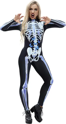 Vista 2 de Selowin - Overol para disfraz de Halloween con estampado de esqueleto traje de gato