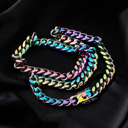 Vista 9 de Rowin&Co Mens Chunky Miami Cuban Link Chain - Rainbow Multicolor Stainless Steel Curb Necklace, Nickel-free, Colorful Chains, Hip Hop Jewelry Choker