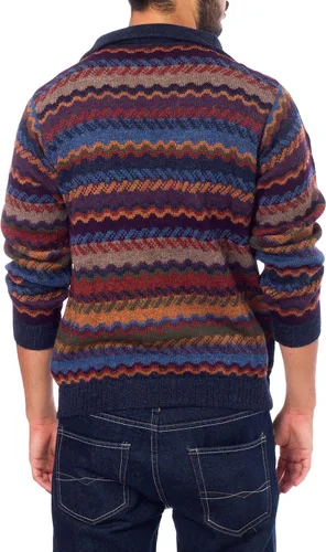 Vista 2 de NOVICA Suéter de alpaca 100% a rayas azules y granate, Mountain Life