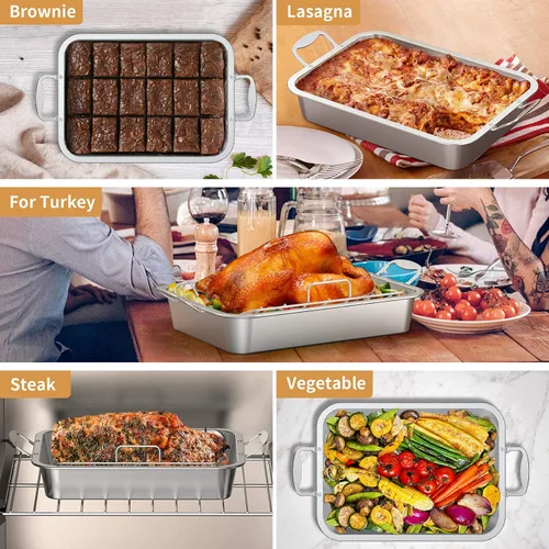 Vista 6 de Skyflame - Asador de acero inoxidable con estante para Turquía Roaster Pan with Nonstick U-Rack, Large Capacity, Indoor/Outdoor Oven Cooking