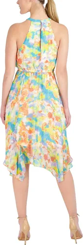 Vista 3 de BCBGeneration Vestido midi ajustado y acampanado con cuello halter elástico y dobladillo asimétrico