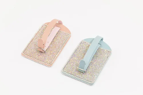 Vista 5 de Paquete de 1 etiqueta de equipaje con diamantes brillantes azules con purpurina azul, diamantes de imitación azules, bolsa escolar, maleta, etiqueta