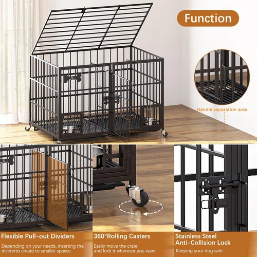 Vista 3 de Dosker Jaula de 42 pulgadas de metal resistente para perros con divisor para 2 perros/perro grande, jaula a prueba de escapes con parte superior