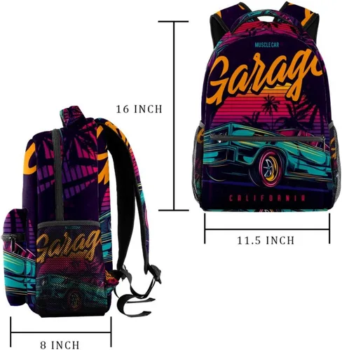 Vista 2 de LORVIES American Muscle Car en estilo retro neón, pintura ligera, mochila clásica para la escuela, mochila de viaje para niñas, mujeres, niños