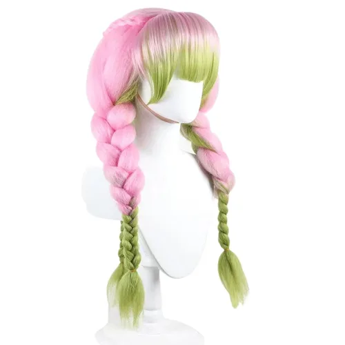 Vista 3 de IMEYLE Kanroji Mitsuri Peluca para Demon Slayer Cosplay peluca larga recta trenzada rosa y verde para mujeres y niñas, peluca sintética de anime
