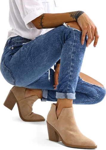 Vista 4 de mysoft Botines para mujer, sin cordones, puntera puntiaguda, gruesos, apilados, de tacón medio