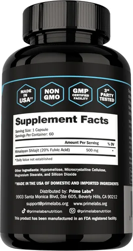 Vista 9 de Prime Labs Shilajit Cápsulas para hombres – 500 mg de Shilajit del Himalaya (20% ácido fúlvico) – Energía, vitalidad, soporte de testosterona
