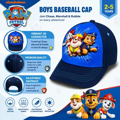 Vista 4 de Nickelodeon Paw Patrol Boys Baseball Caps – Chase, Marshall, Rubble, Rocky & Friends, Adjustable Kids Hat, Ages 2–5 3D Azul