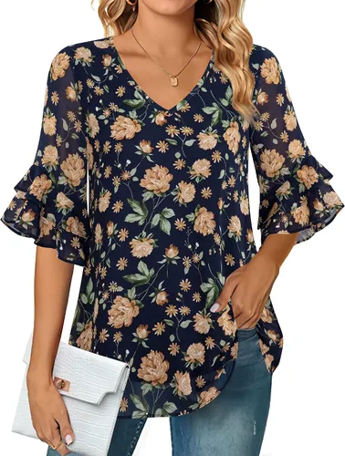Vista 2 de VALOLIA Blusas de manga 34 para mujer, blusas elegantes y casuales de negocios de doble capa