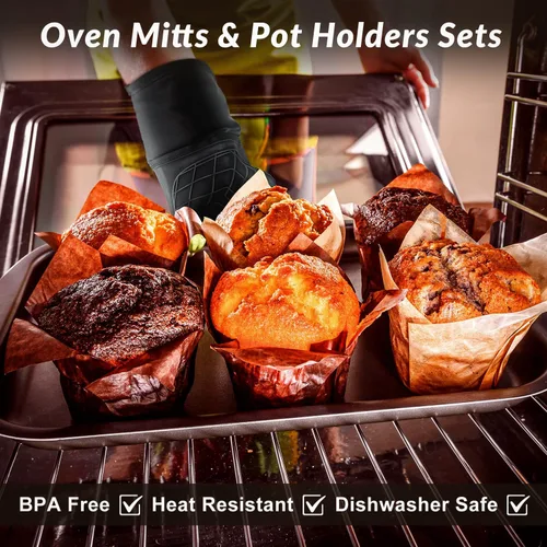 Vista 2 de Havlucen Extra Long Silicone Oven Mitts with Mini Oven Gloves & Quilted Liner - Heat Resistant Kitchen Protection for Baking, Grilling, and Cooking