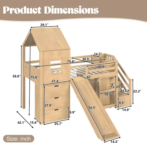 Vista 2 de SOFTSEA Cama tipo loft con tobogán, almacenamiento y escritorio para niños Natural