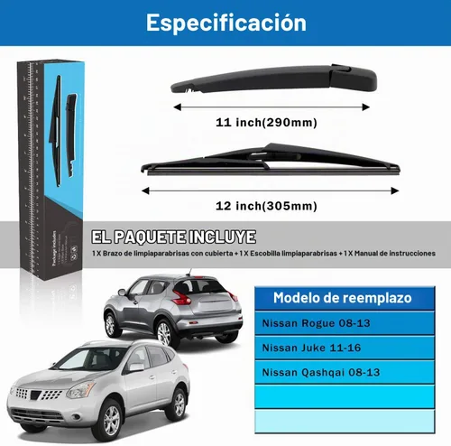 Vista 5 de WTI Rear Wiper Arm Blade Set Compatible With Nissan Rogue 2008-2013 / Qashqai 2008-2013 / Juke 2011-2016 Rear Windshield Window Wiper Kits Assembly