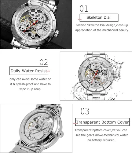 Vista 6 de Sweetbless Reloj de pulsera mecánico hombres tallado esqueleto auto viento relojes transparente, plateado, Classic