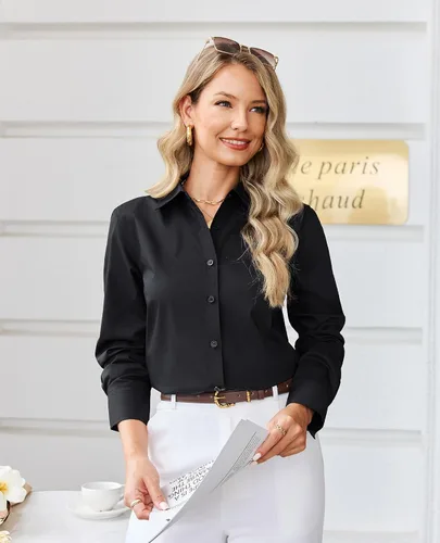 Vista 2 de siliteelon Camisa con botones para mujer: camisa de vestir con cuello de manga larga de algodón con botones, blusa de trabajo y oficina